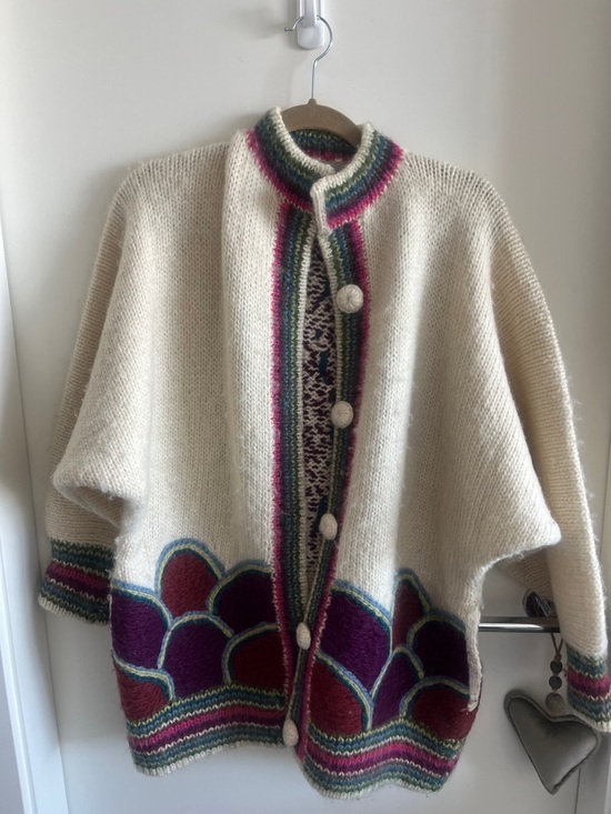Sweaters - Vintage Sirogojno Hand Knit Cream Knit Cardigan Butterfly Motif Lopi Yarn Rare